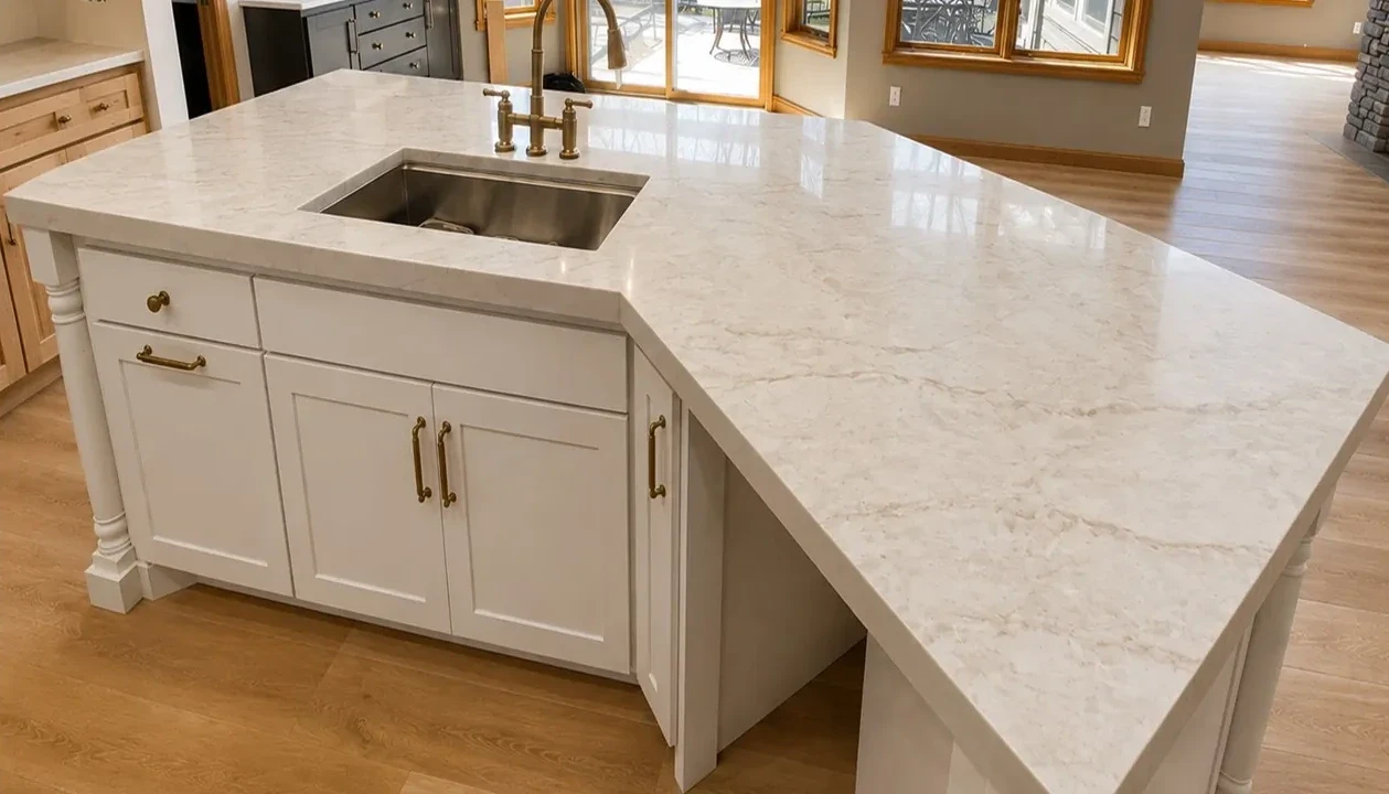 Mitered waterfall edge with matched stone veining